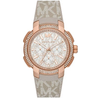 Michael Kors Sidney MK6949 Rose Gold-Tone Crystal Grey Logo Rubber Women's Watch