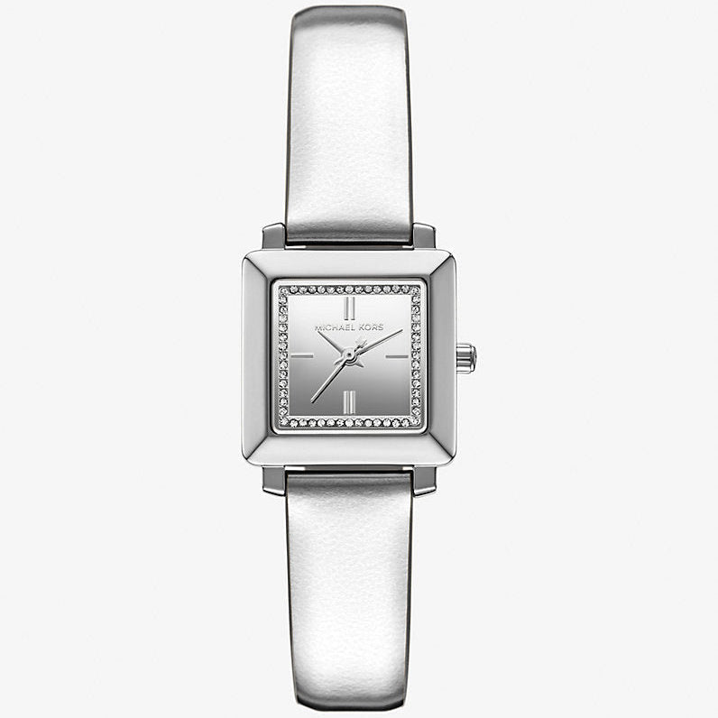Michael Kors Emery MK1219 Square Silver-Tone Metallic Leather Watch