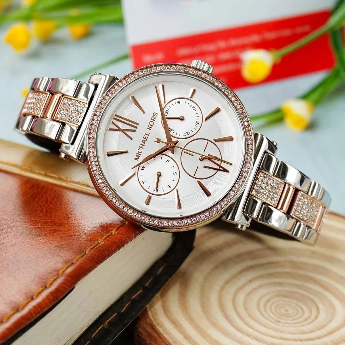 Michael Kors MK4353 Sofie Women’s Silver Rose Gold Chronograph Crystal Watch