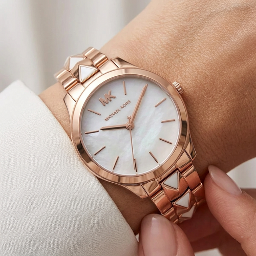 Michael Kors Runway MK6671 Rose Gold White Mother of Pearl Pyramid Link Women's Watch