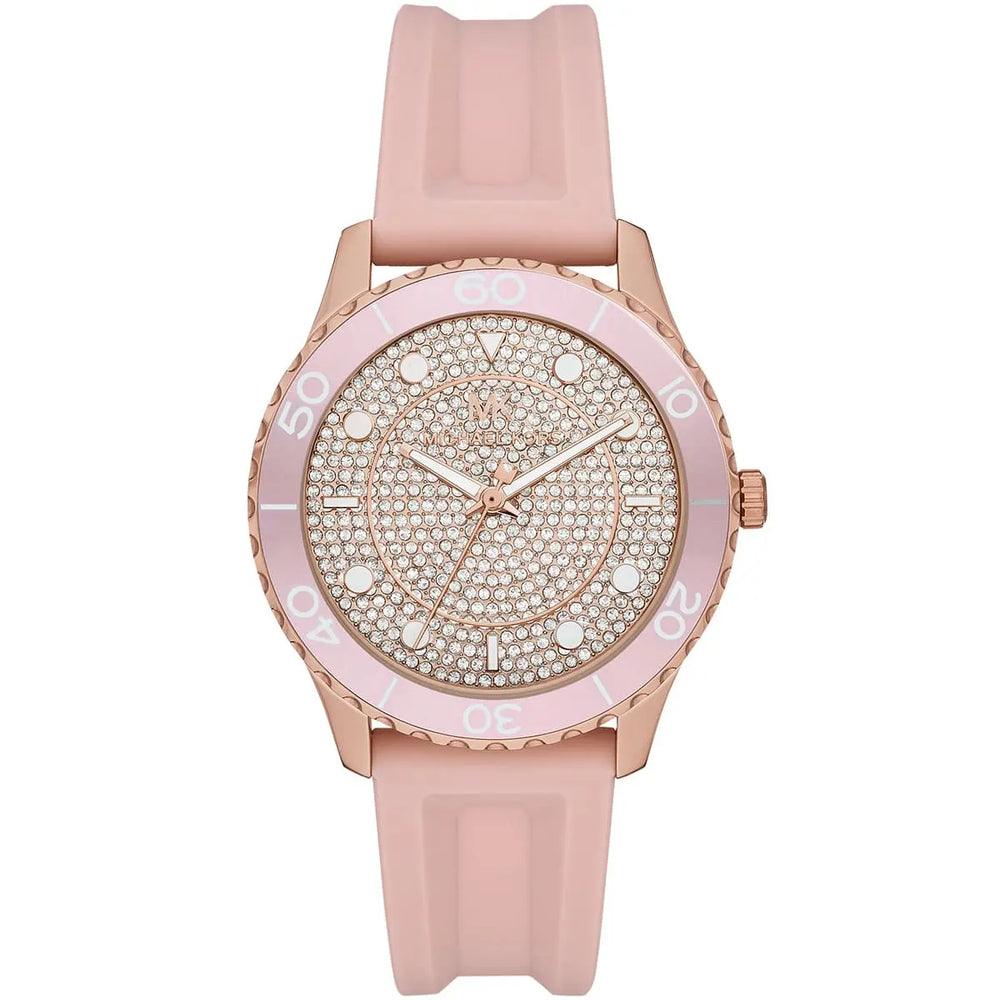 Michael Kors Runway MK6854 Rose Gold Tone Full Pavé Crystal Pink Rubber Women's Watch