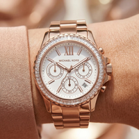Michael Kors Everest MK7213 Rose Gold Tone Baguette Crystal Bezel Women's Watch