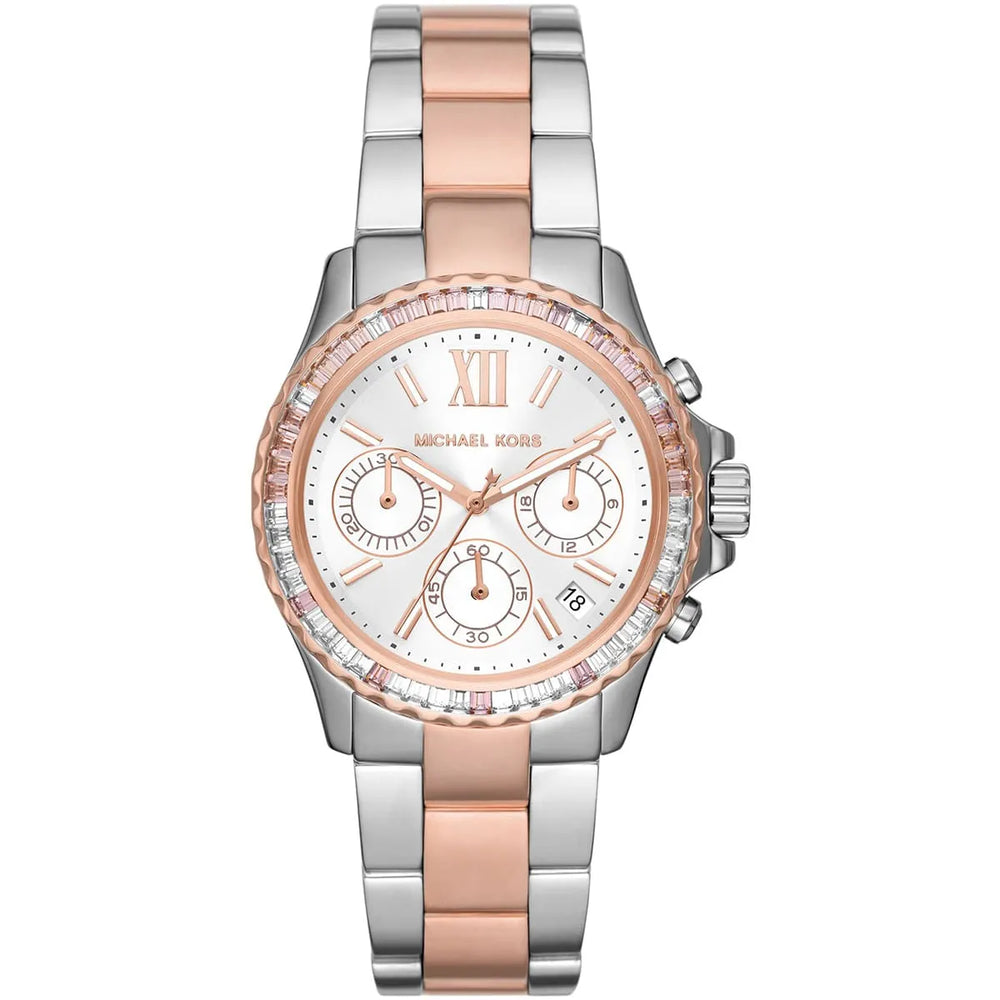 Michael Kors Everest MK7214 Two-Tone Silver & Rose Gold Baguette Crystal Women's Watch