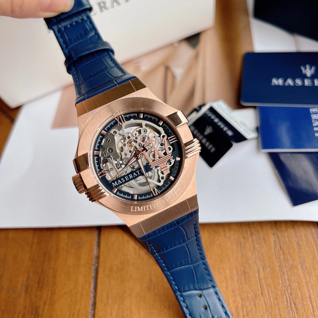 Maserati Potenza R8821108022 Limited Edition Skeleton Automatic Blue Leather Men's Watch