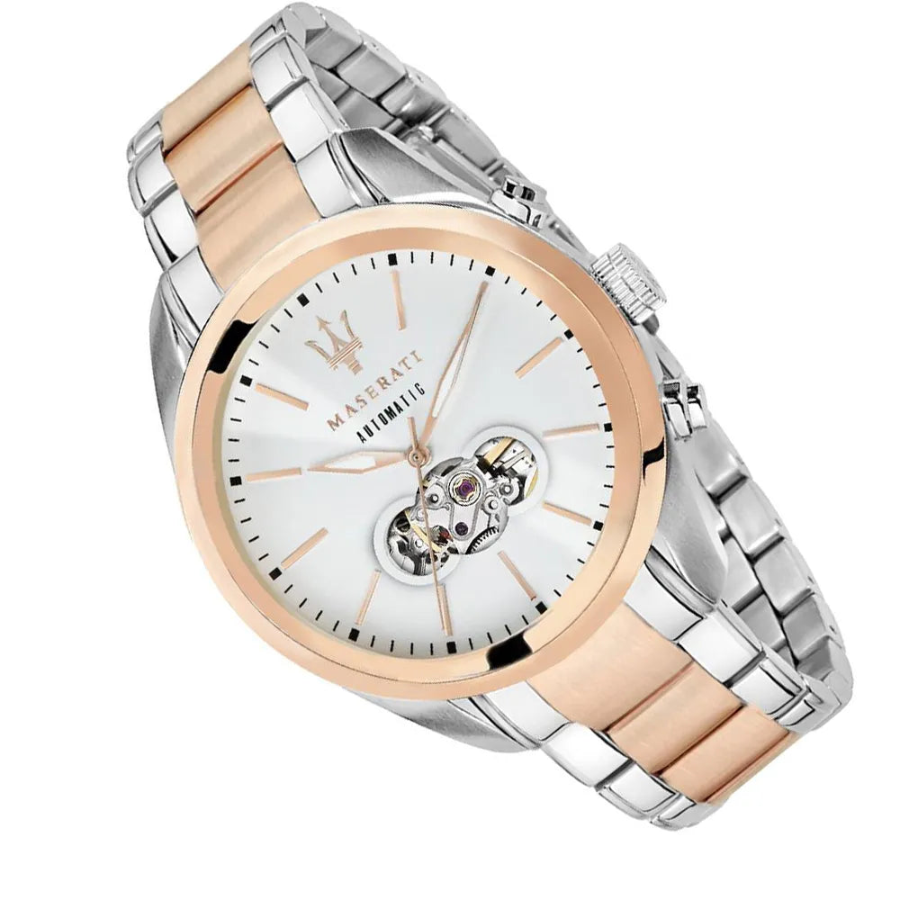 Maserati Traguardo R8823112001 Two-Tone Rose Gold White Open Heart Automatic Men's Watch