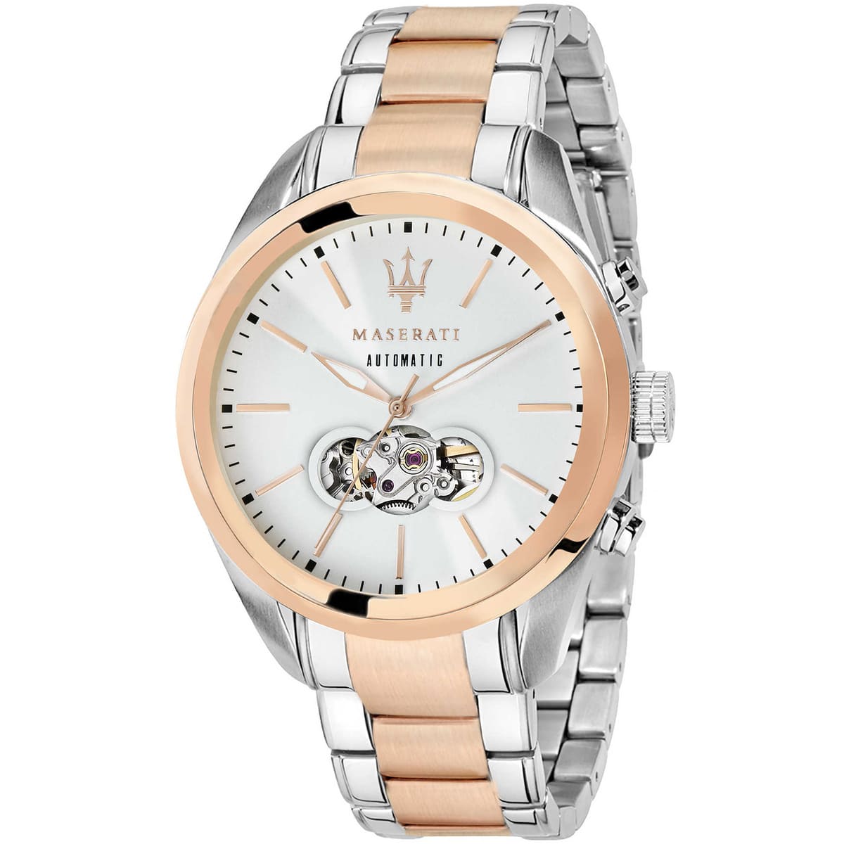 Maserati Traguardo R8823112001 Two-Tone Rose Gold White Open Heart Automatic Men's Watch