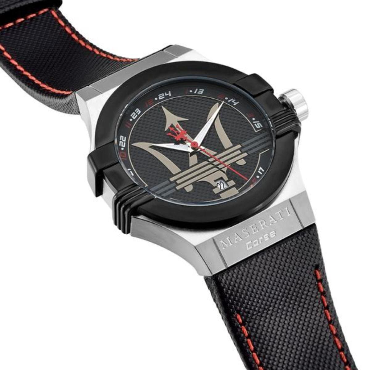 Maserati Potenza R8851108001 Silver Case Black Bezel Red Stitching Watch
