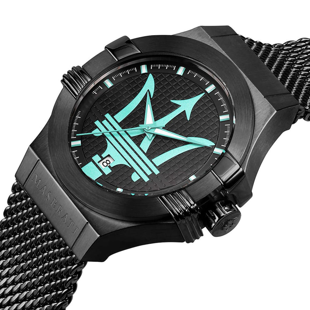 Maserati Potenza R8853144002 Black Case Tiffany Blue Trident Mesh Men's Watch