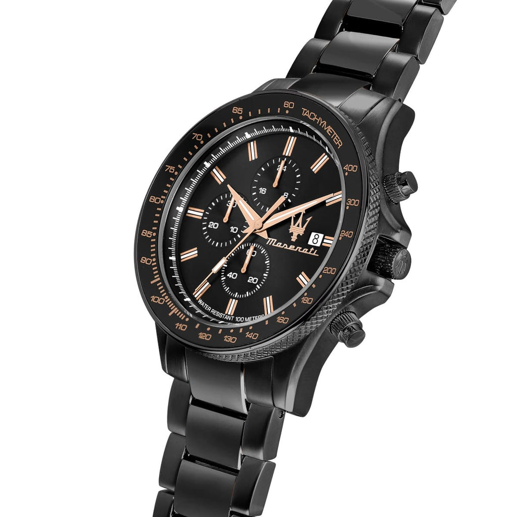 Maserati Sfida Chronograph R8873640011 All Black Rose Gold Accents Watch