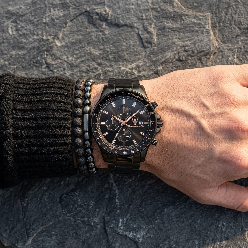 Maserati Sfida Chronograph R8873640011 All Black Rose Gold Accents Watch