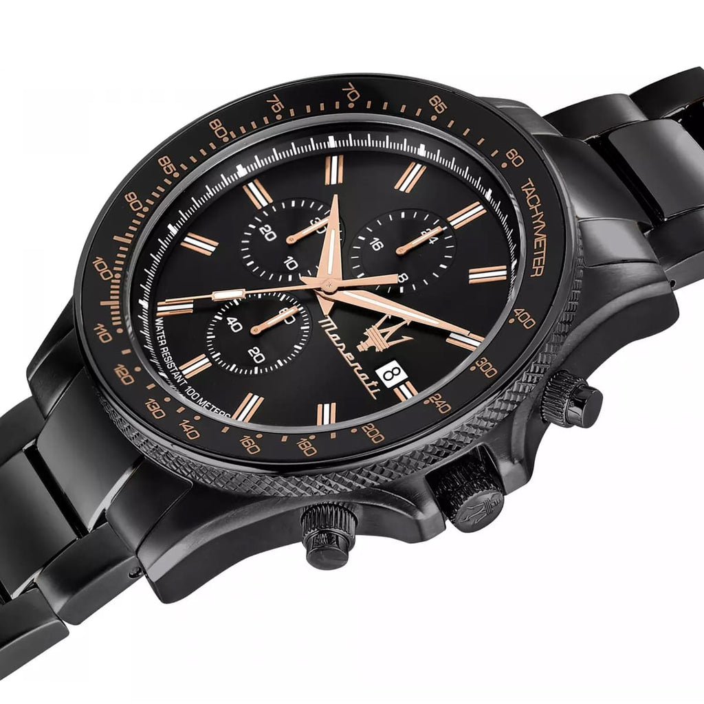Maserati Sfida Chronograph R8873640011 All Black Rose Gold Accents Watch