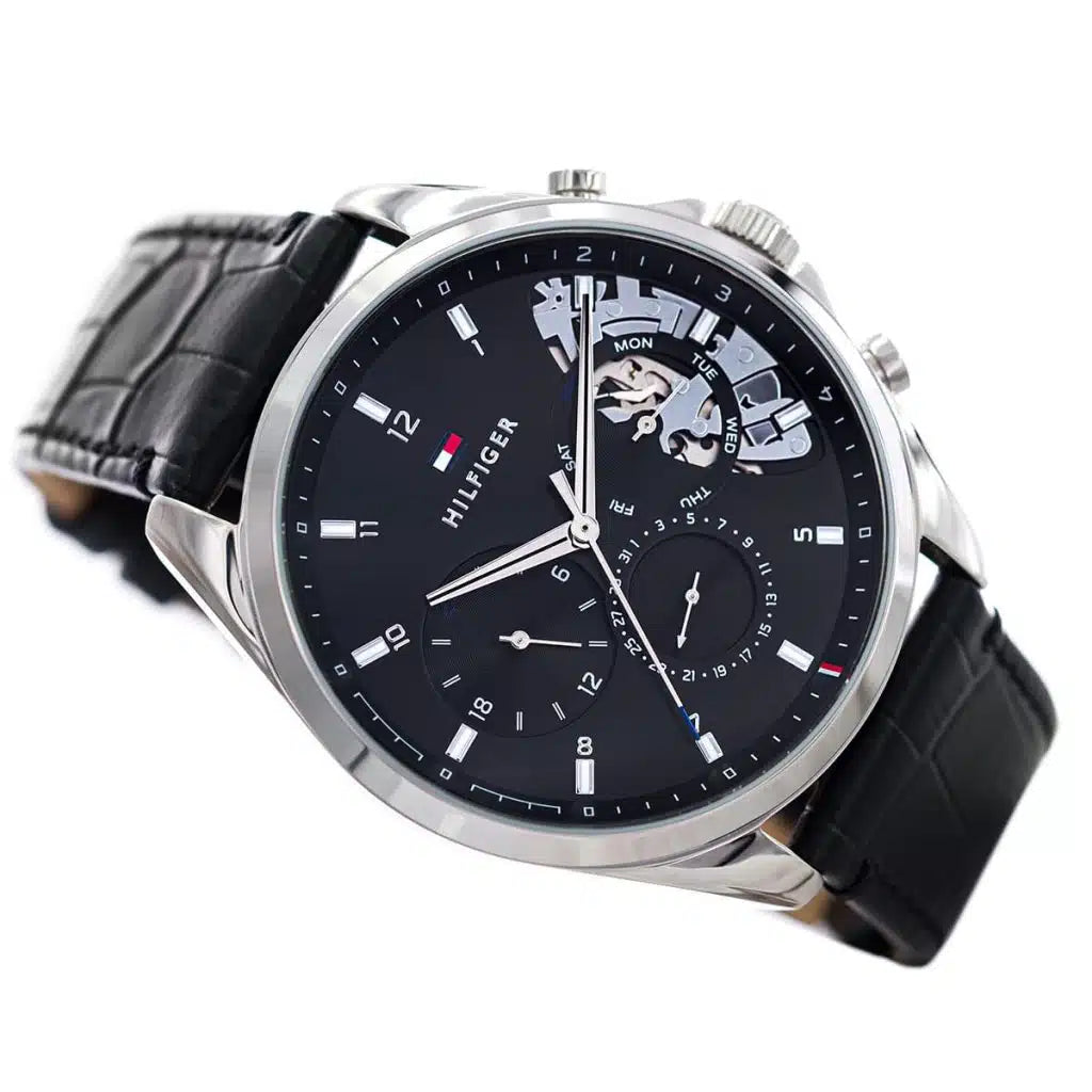 Tommy Hilfiger Damon 1710449 Multi-Function Black Dial Men's Black Leather Watch