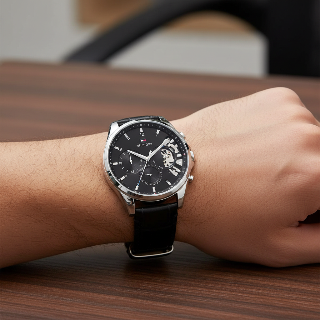 Tommy Hilfiger Damon 1710449 Multi-Function Black Dial Men's Black Leather Watch