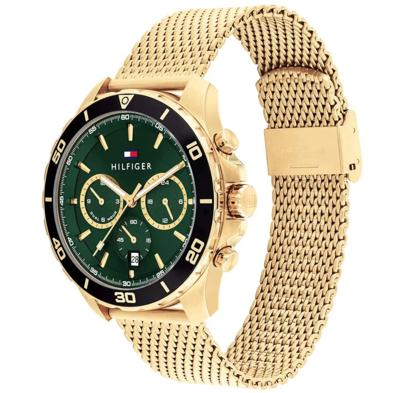 Tommy Hilfiger Jordan 1792093 Gold Mesh Green Dial Dual Time Men's Watch