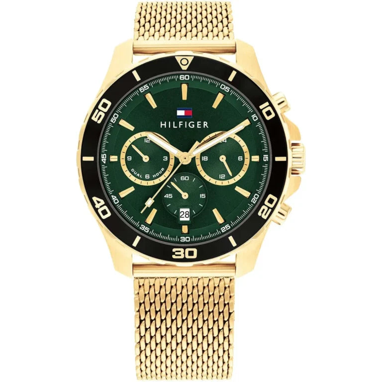 Tommy Hilfiger Jordan 1792093 Gold Mesh Green Dial Dual Time Men's Watch
