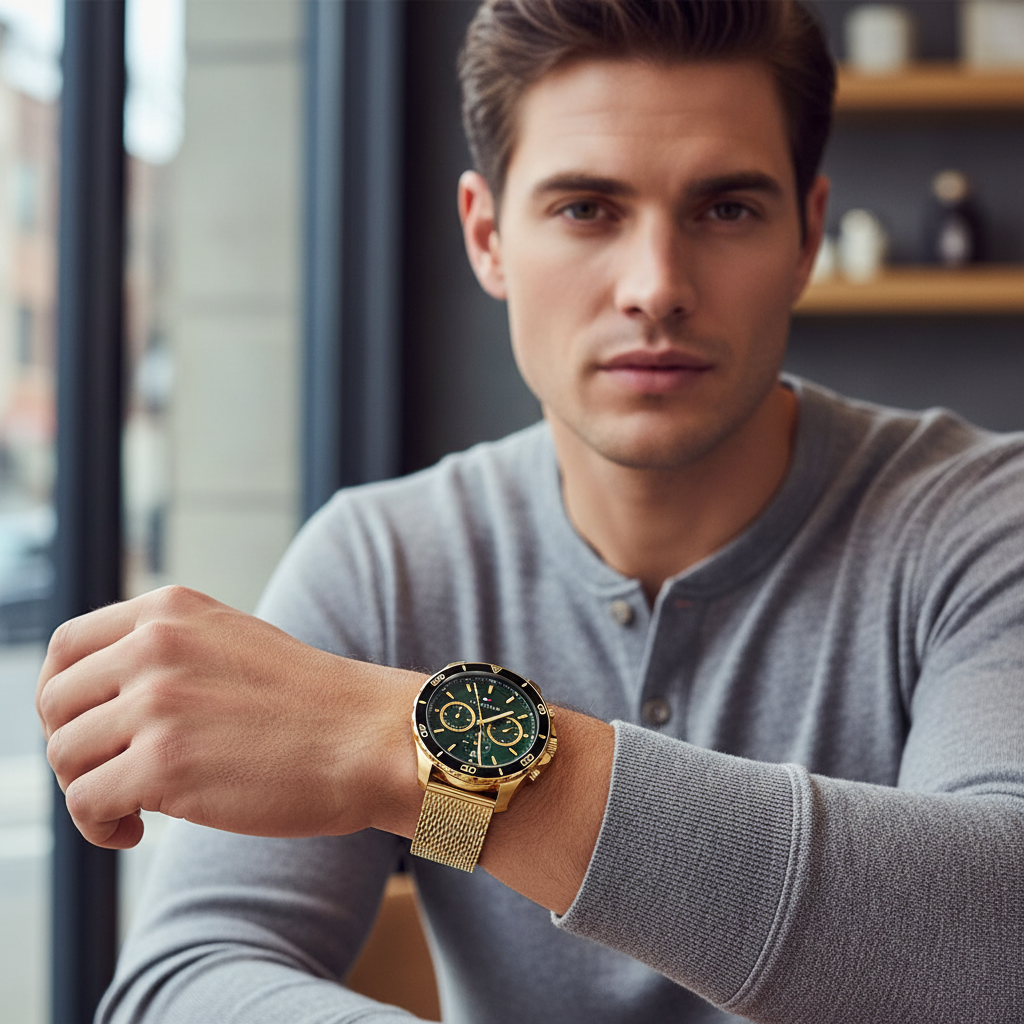 Tommy Hilfiger Jordan 1792093 Gold Mesh Green Dial Dual Time Men's Watch