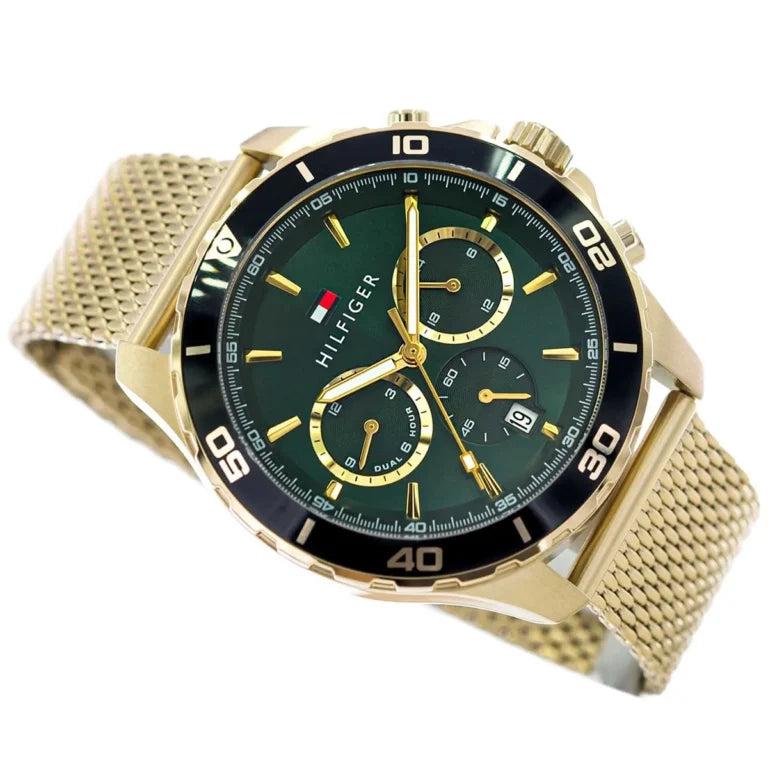 Tommy Hilfiger Jordan 1792093 Gold Mesh Green Dial Dual Time Men's Watch
