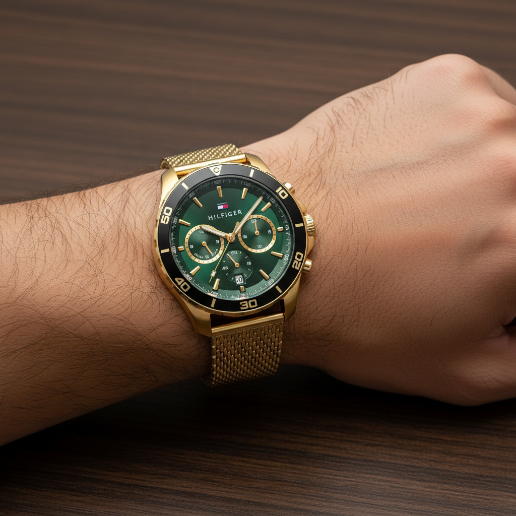 Tommy Hilfiger Jordan 1792093 Gold Mesh Green Dial Dual Time Men's Watch