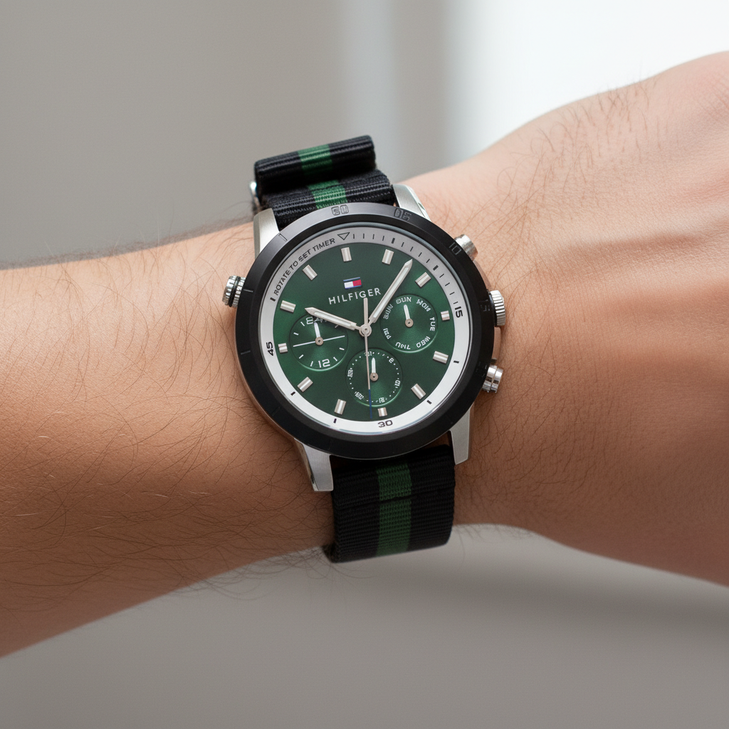 Tommy Hilfiger Banks 1792107 Men's Silver Case Green Dial NATO Strap Watch