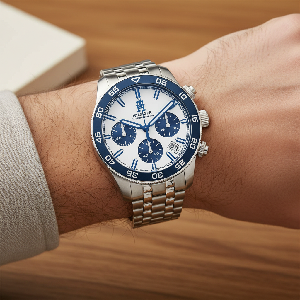 Tommy Hilfiger TH85 1792157 Men's Silver Steel Watch with White Dial & Blue Bezel
