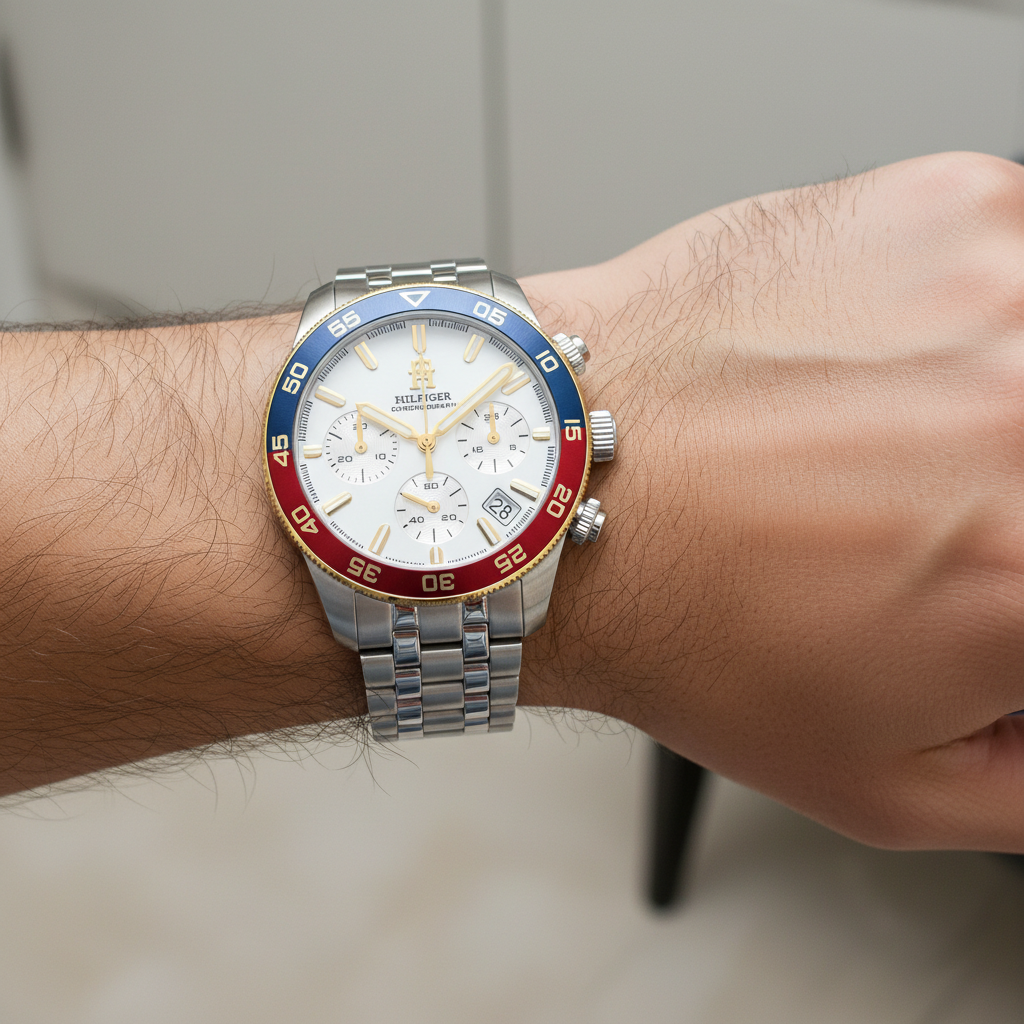 Tommy Hilfiger TH85 1792184 Men's Silver Case White Dial Pepsi Bezel Watch