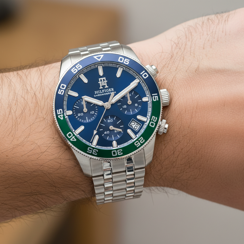 Tommy Hilfiger TH85 1792185 Men's Silver Case Blue Dial Blue-Green Bezel Watch