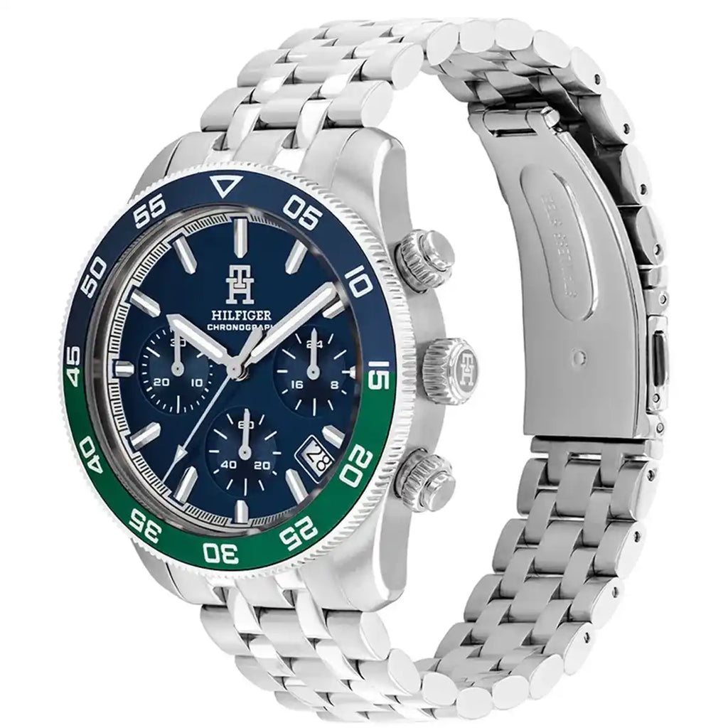 Tommy Hilfiger TH85 1792185 Men's Silver Case Blue Dial Blue-Green Bezel Watch
