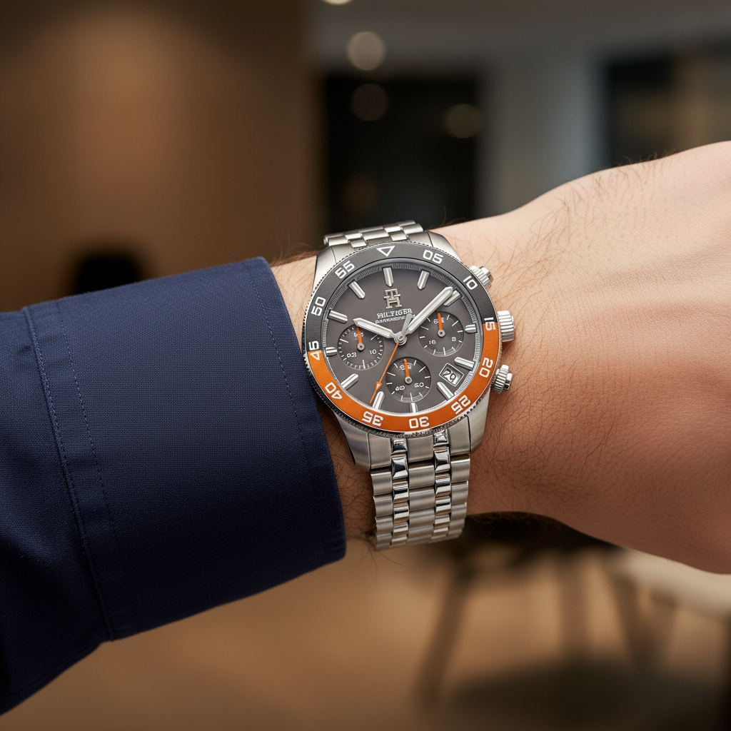 Tommy Hilfiger TH85 1792186 Men's Silver Steel Watch with Grey Dial & Orange Bezel
