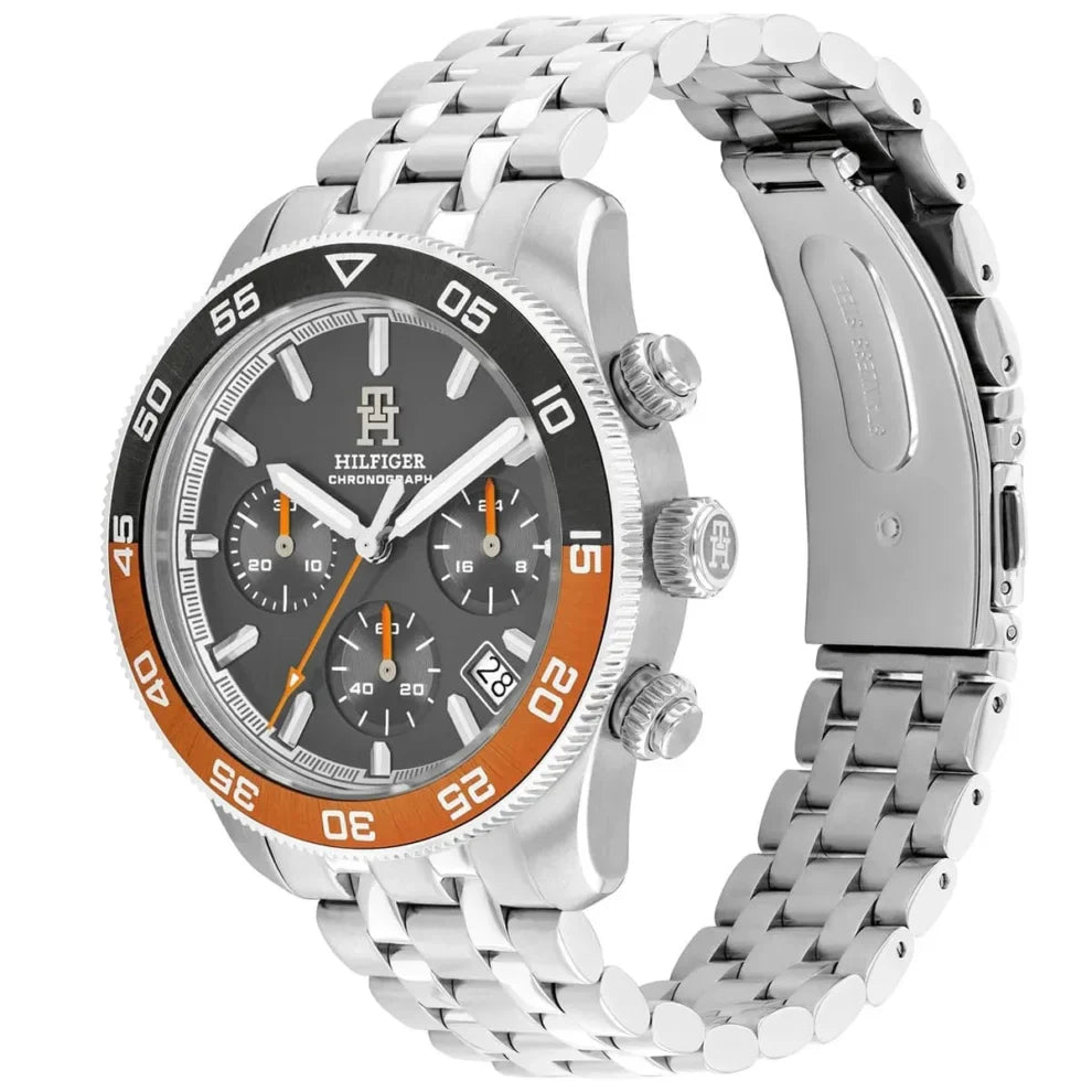 Tommy Hilfiger TH85 1792186 Men's Silver Steel Watch with Grey Dial & Orange Bezel