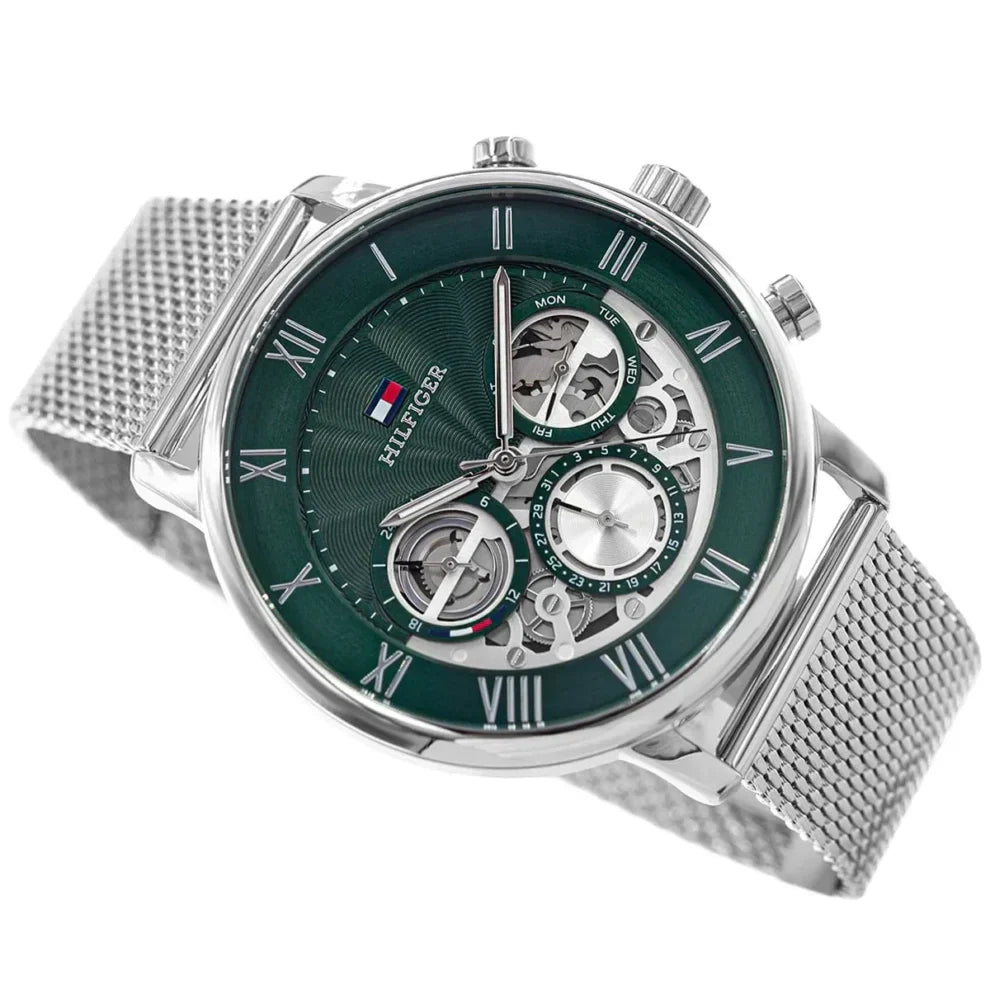 Original Tommy Hilfiger Legend Men's Watch - Silver Mesh Steel & Green Skeleton Dial (1710567)