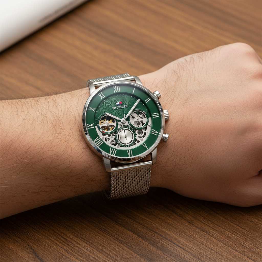 Original Tommy Hilfiger Legend Men's Watch - Silver Mesh Steel & Green Skeleton Dial (1710567)