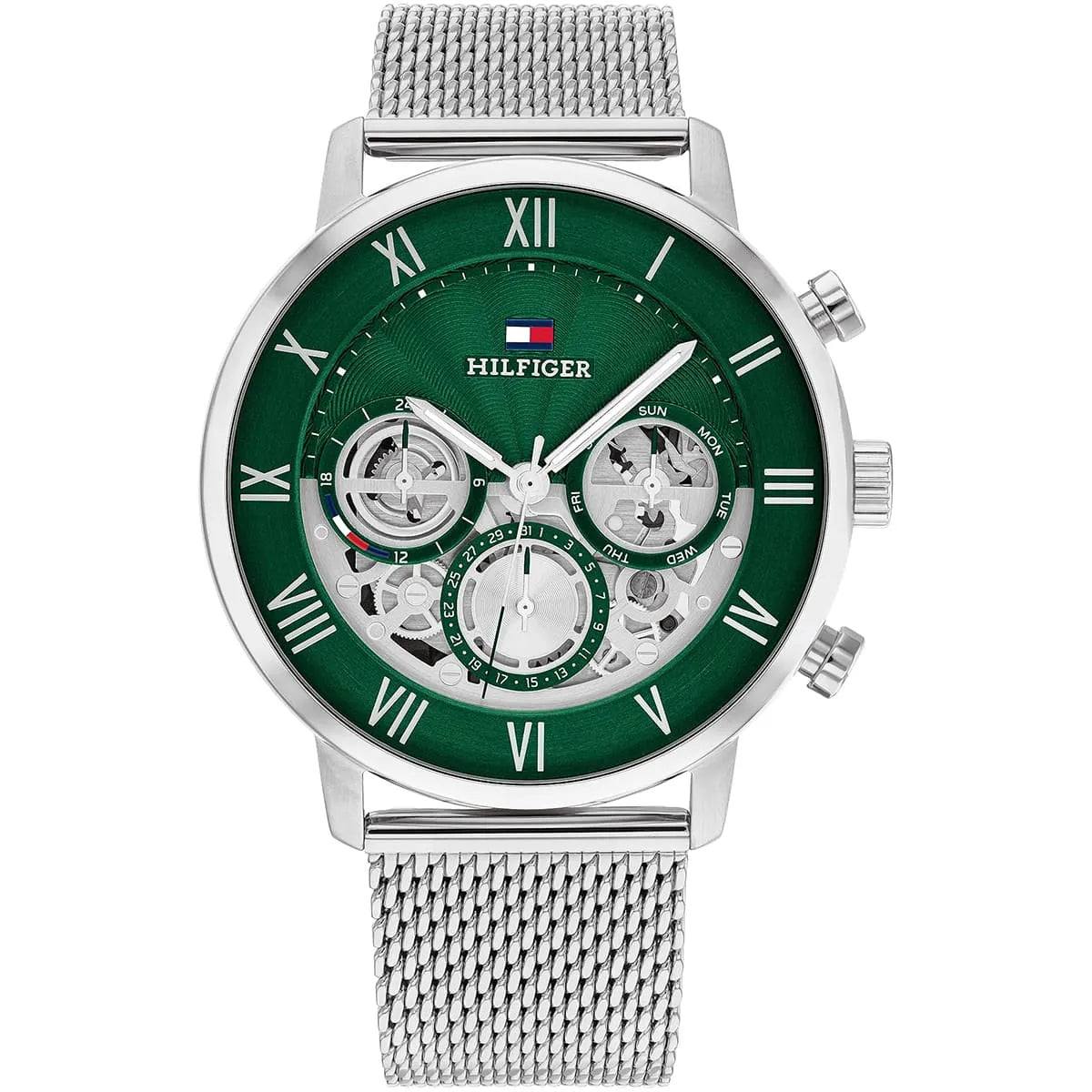 Original Tommy Hilfiger Legend Men's Watch - Silver Mesh Steel & Green Skeleton Dial (1710567)