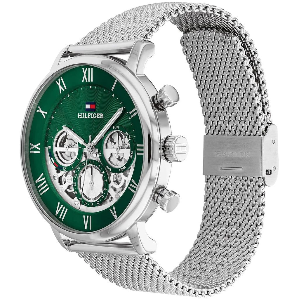 Original Tommy Hilfiger Legend Men's Watch - Silver Mesh Steel & Green Skeleton Dial (1710567)